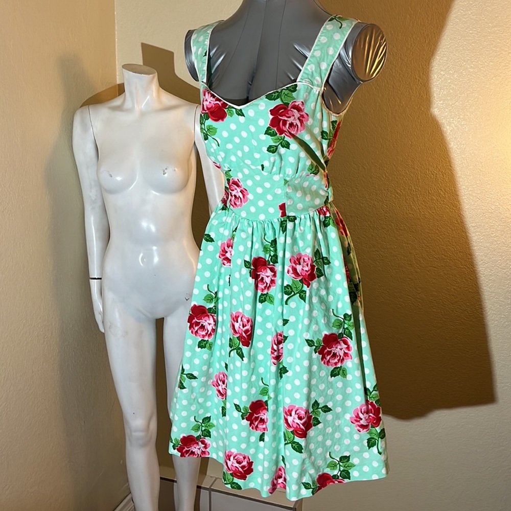 Mint green dress with pink roses and white polka dots, XS